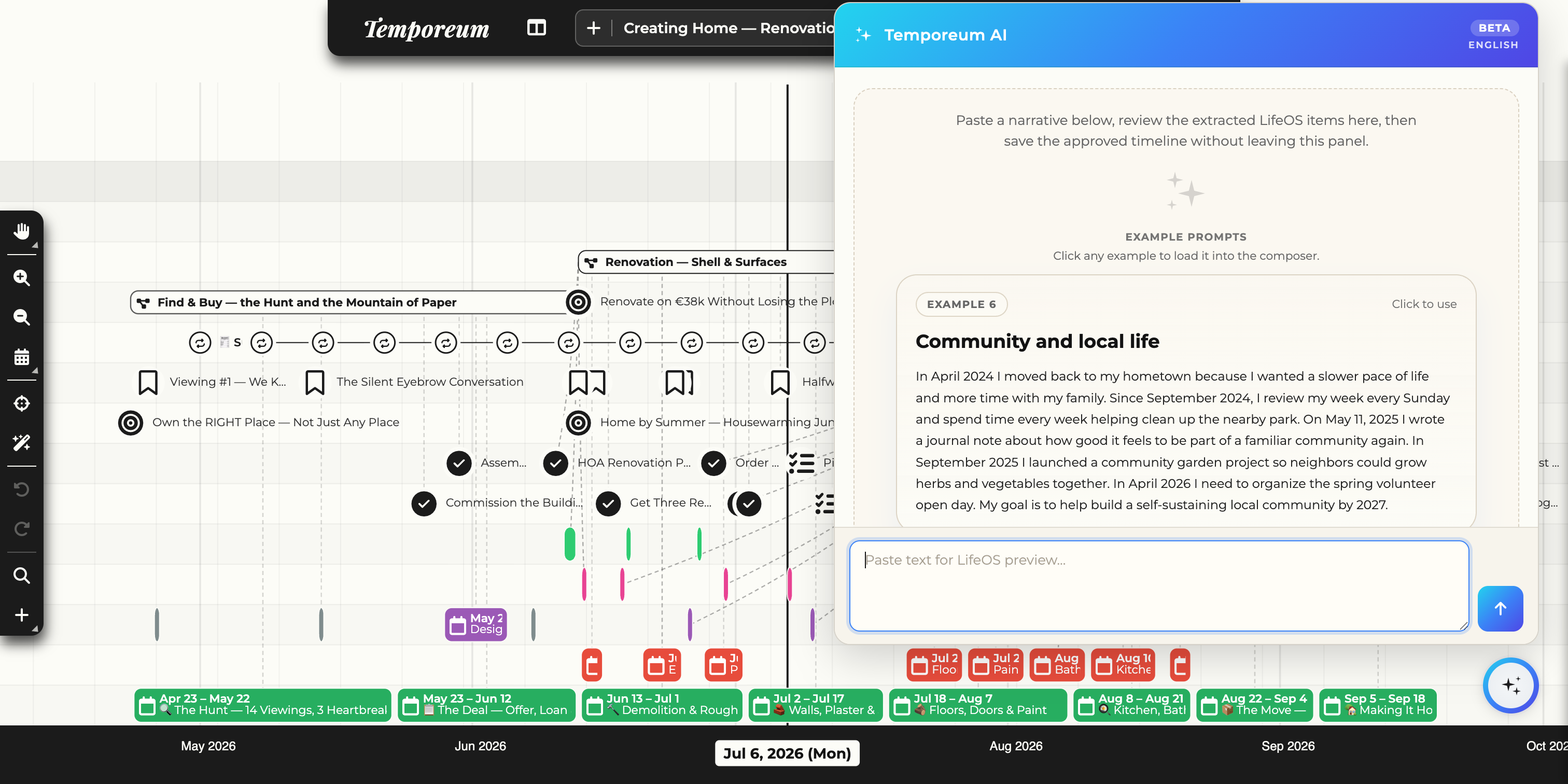 The Temporeum AI panel with instructions, an example prompt about a career change, and a composer to paste text.