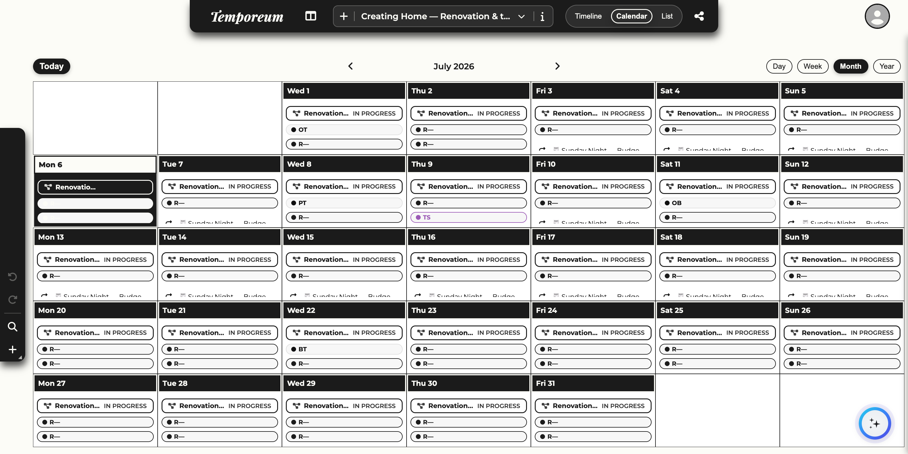 The Calendar view showing a month grid for July 2026 with events in the day cells.