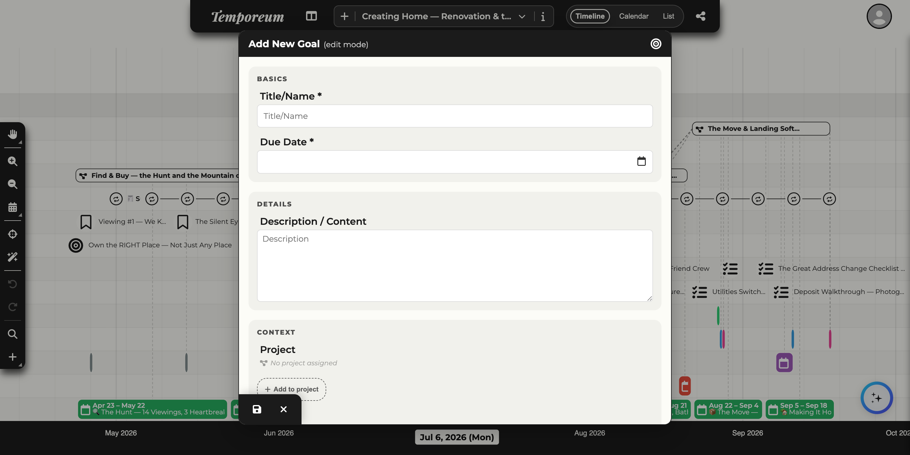 The Add New Goal dialog showing a title, a due date, a description and a Context section with an Add to project button.