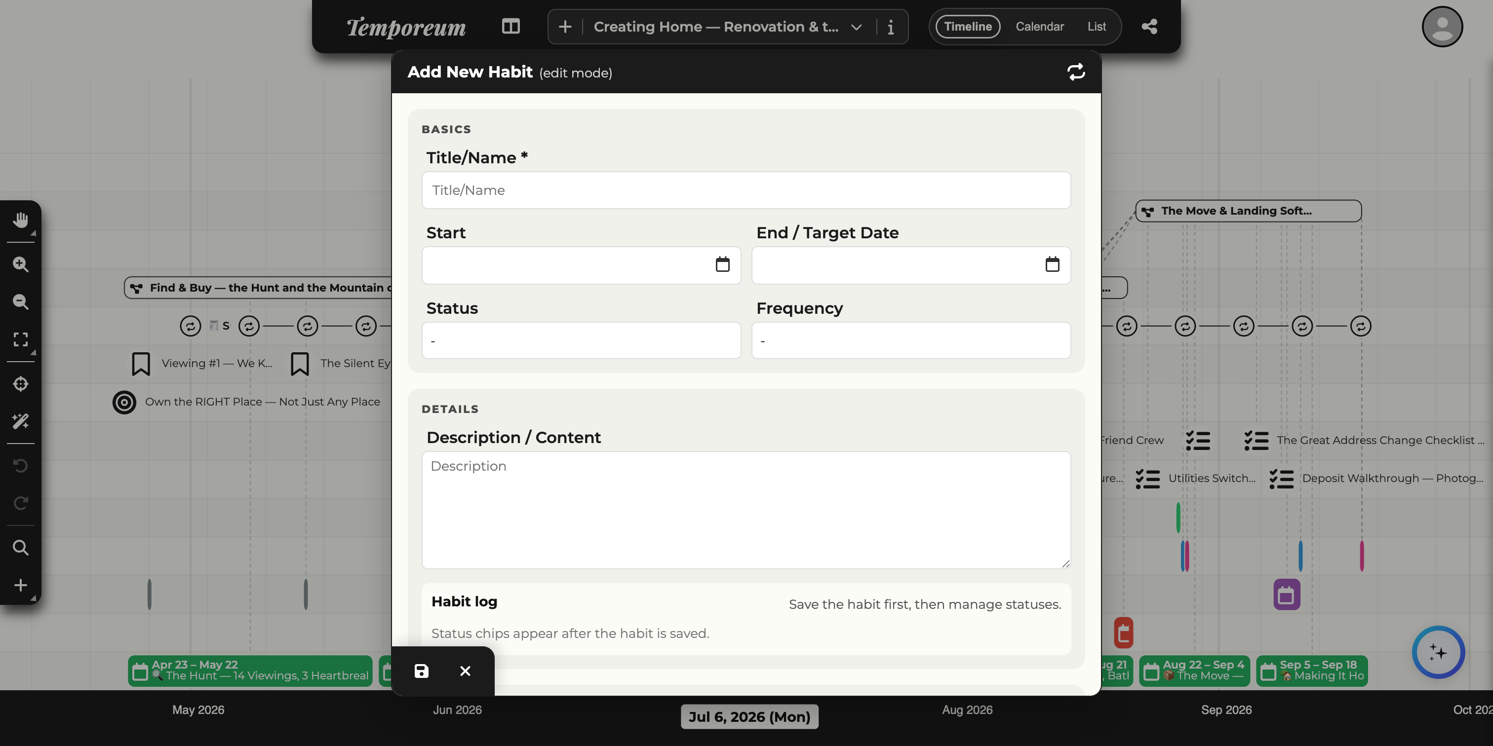 The Add New Habit dialog with title, start and end dates, status, frequency and a habit log.