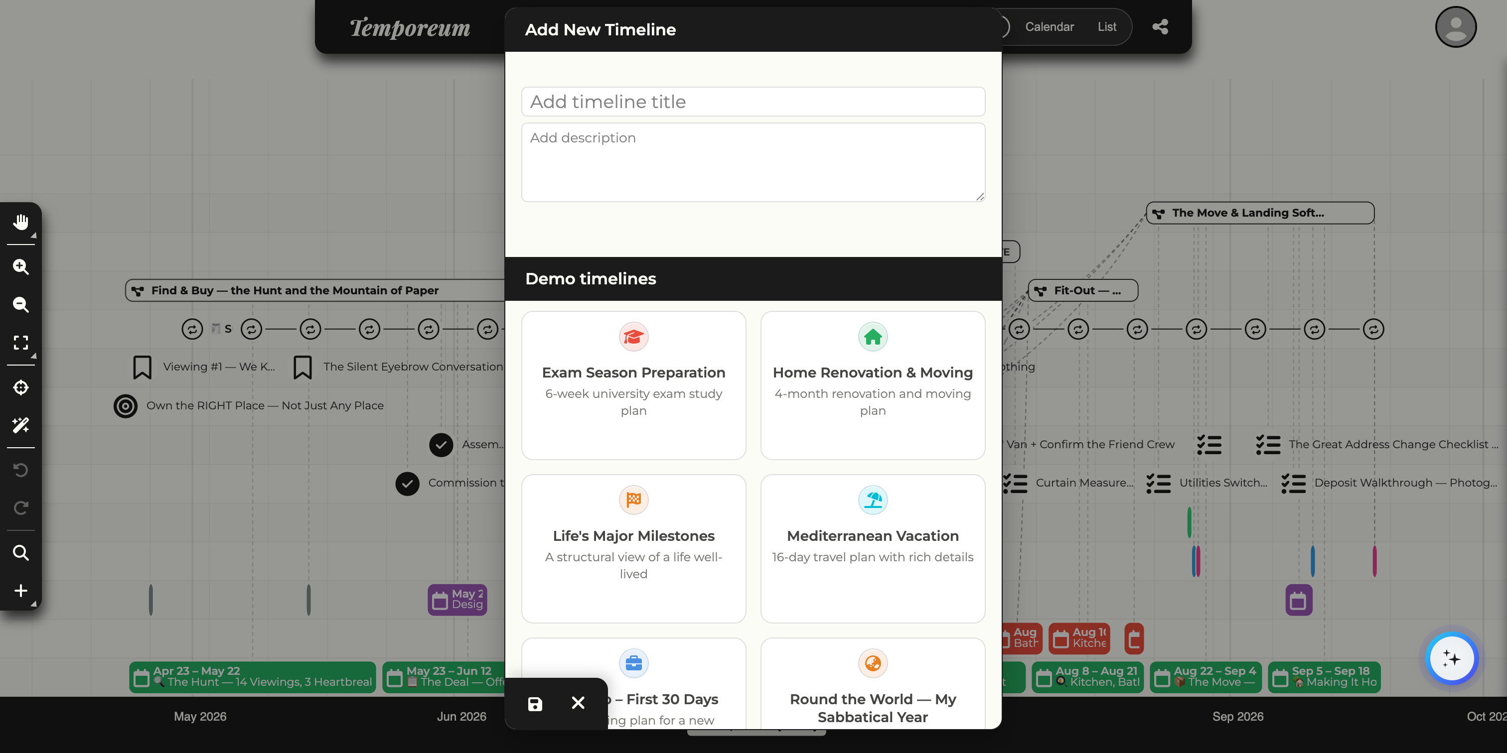 The Add New Timeline dialog with a title field, description field, and a grid of ready-made demo timelines.