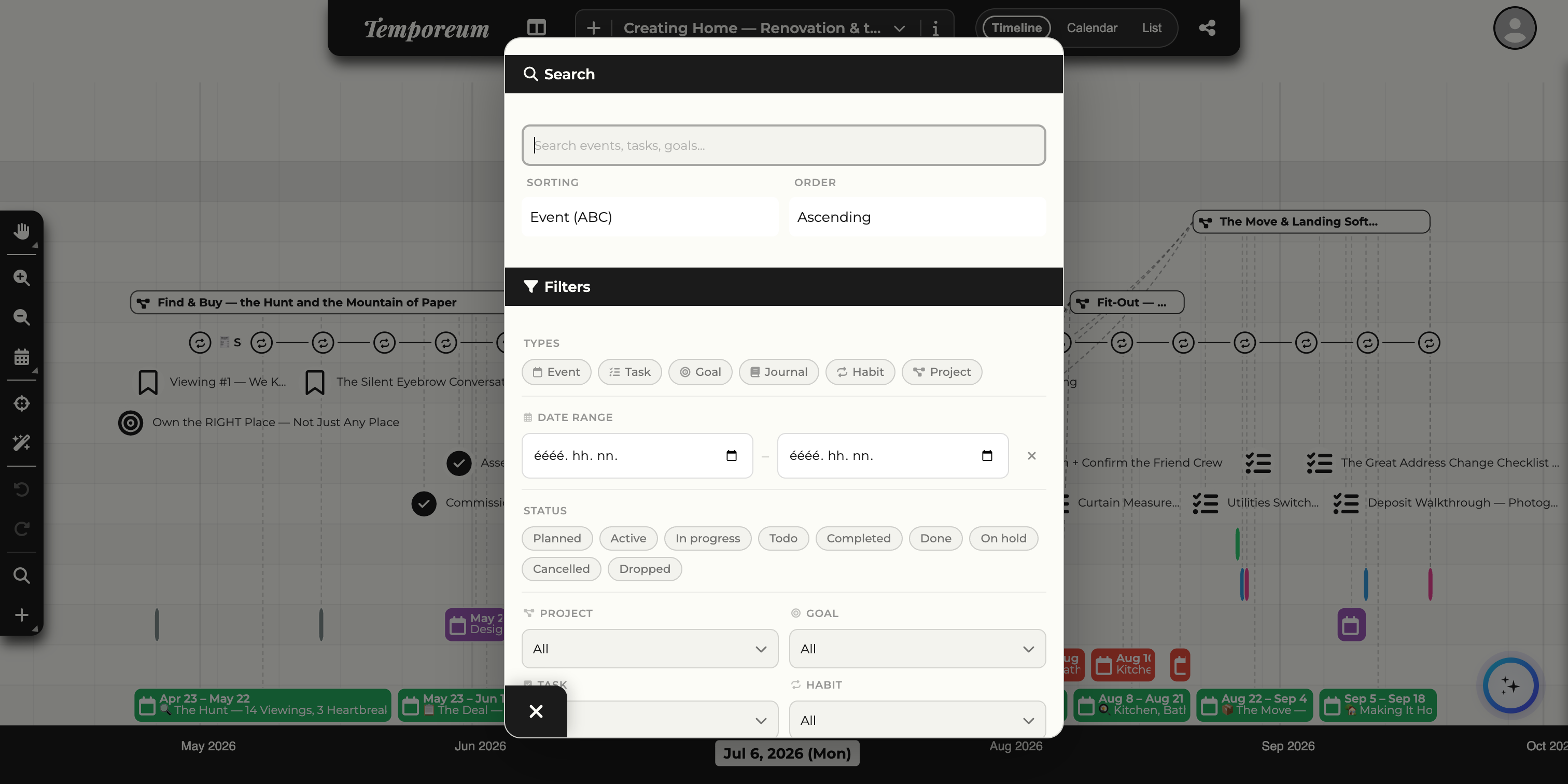 The Search and Filters panel with a search box, sorting and order, type filters, a date range, and status filters.