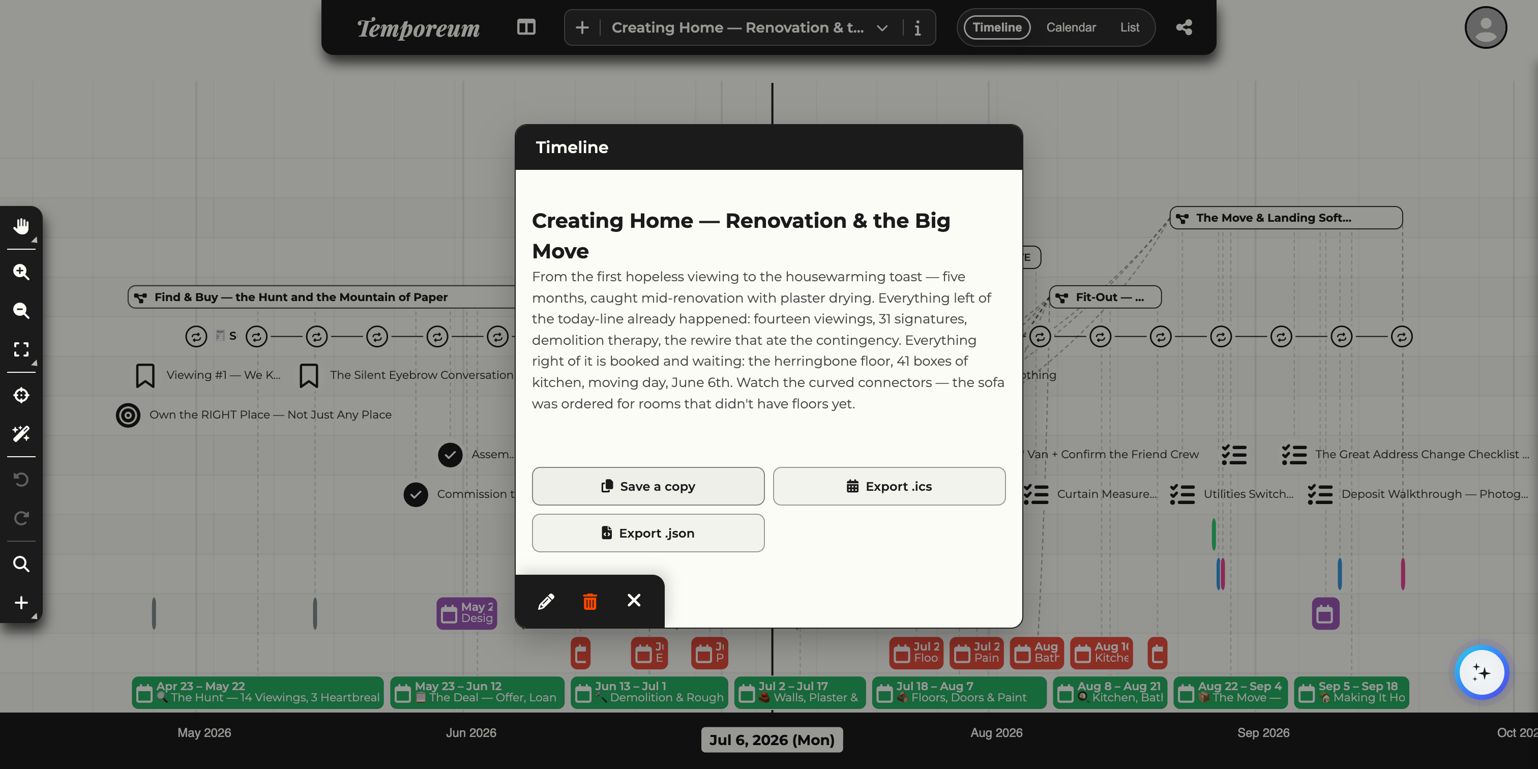 The Timeline info panel with Save a copy, Export .ics and Export .json buttons.